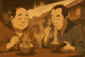 江戸時代の町人が屋台で食事をしている