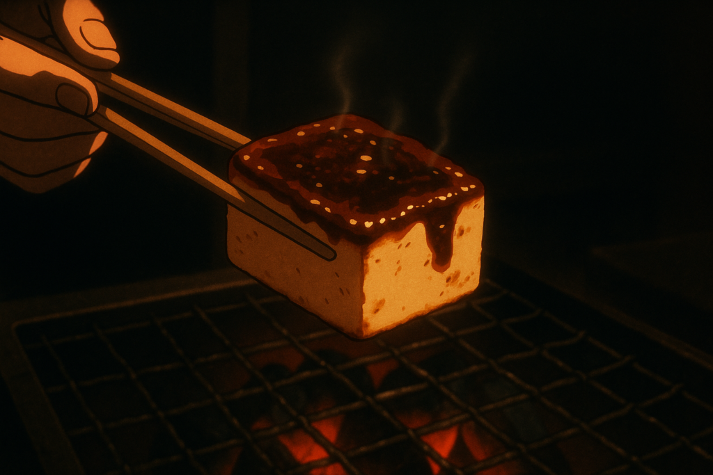 炭火で焼かれる豆腐田楽