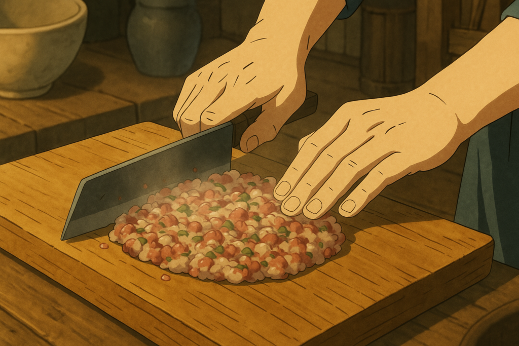 魚を包丁で叩いた直後のなめろう