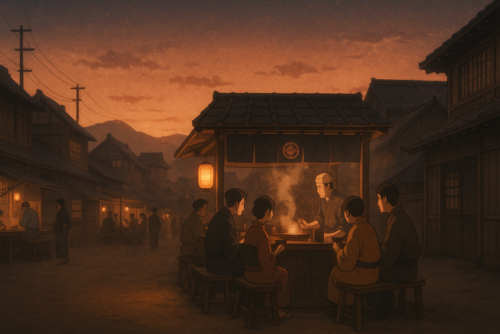 夕暮れの江戸の町を遠景で描いた